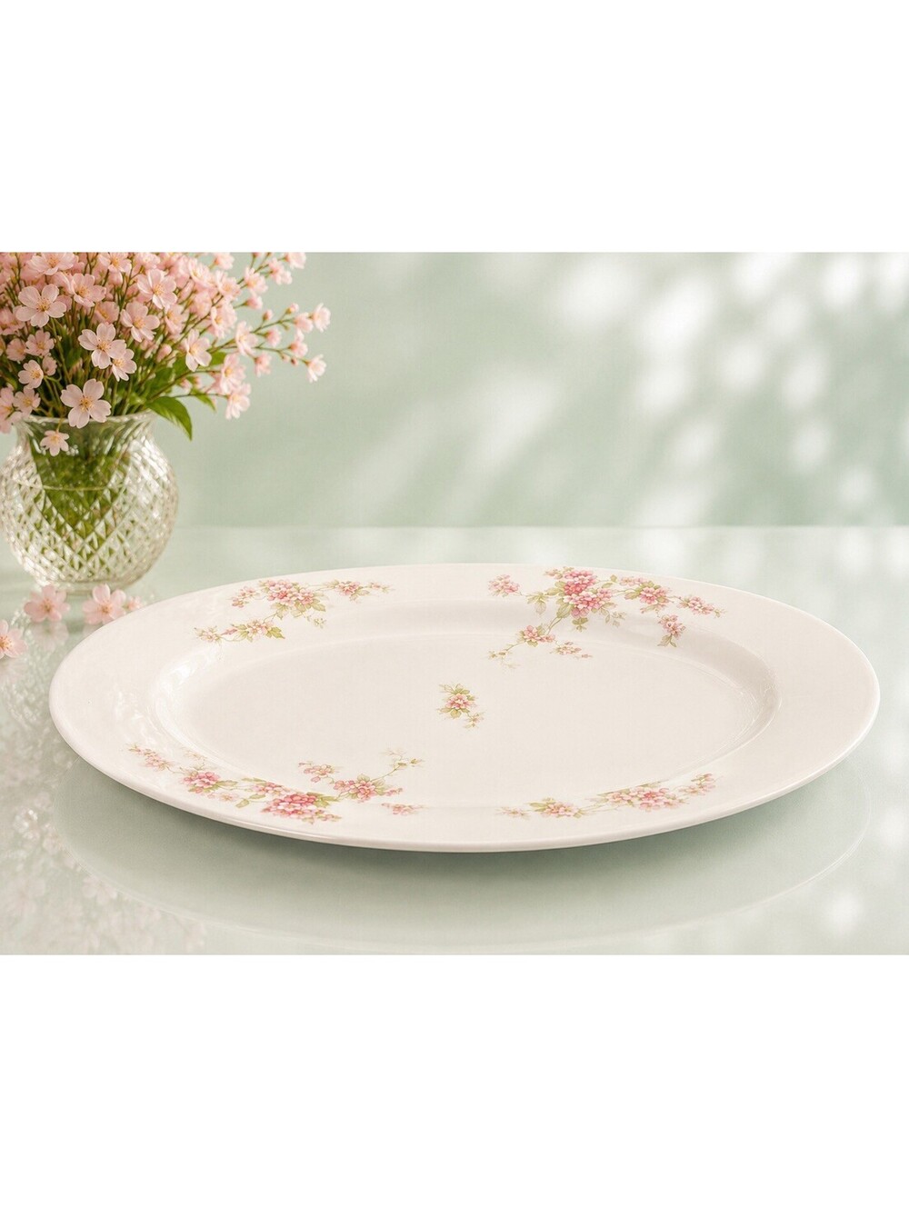 O&EG Royal Austria 1900s Pink Floral Porcelain Oval Serving Platter, 13.75x9.75”